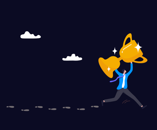 an illustration of a man running with a prize above his head