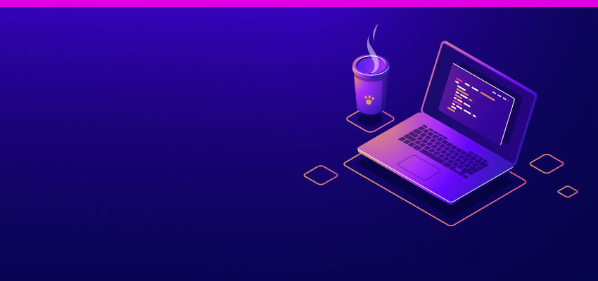 illustration of a laptop with a cup of coffee on the dark blue background