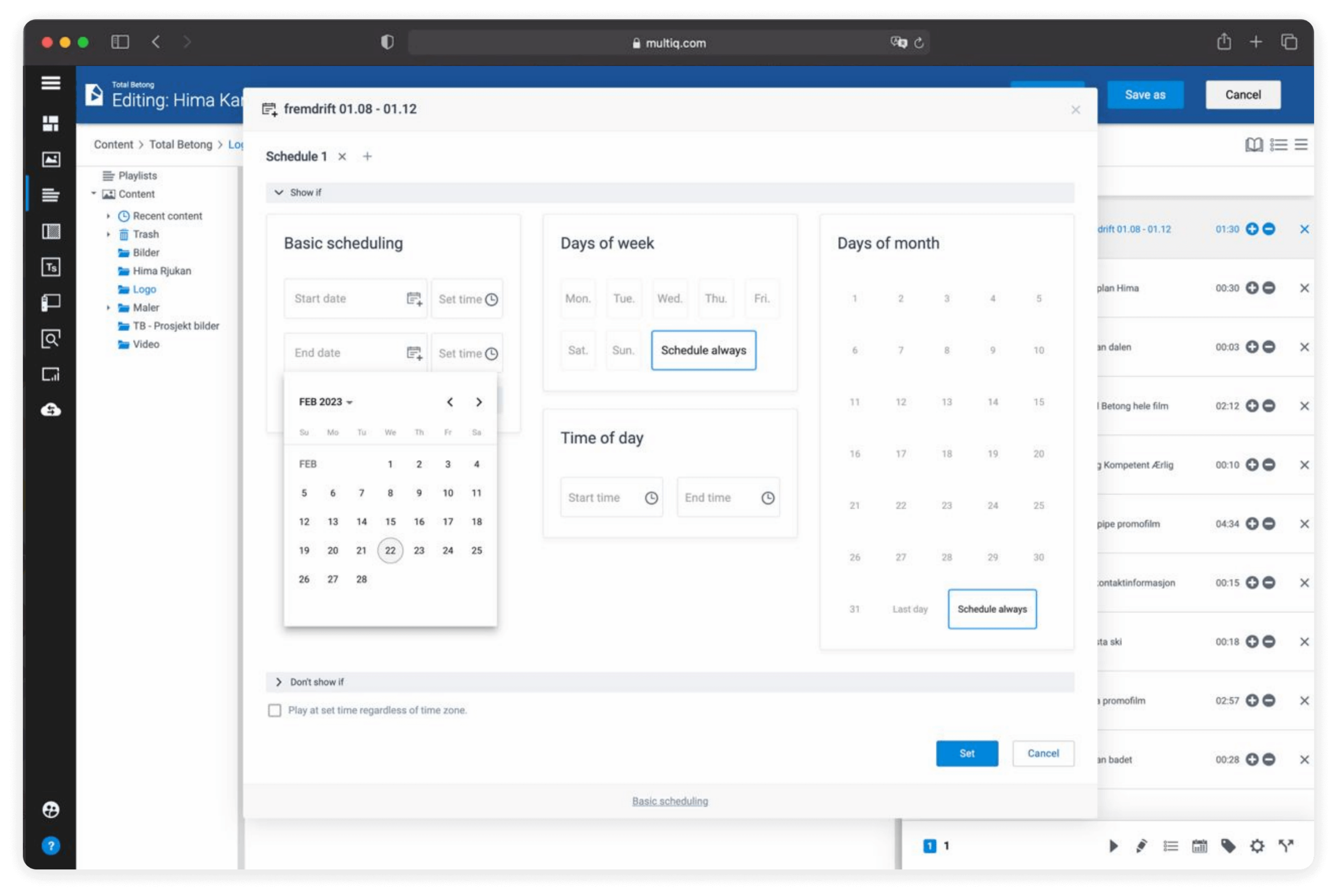 MultiQ calendar interface